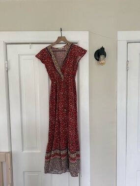 BeBop Red Floral Wrap Maxi Dress with Border Trim